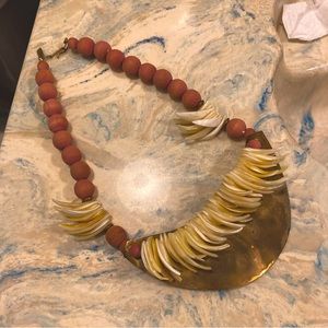 Mother of Pearl chips, red clay beads necklace